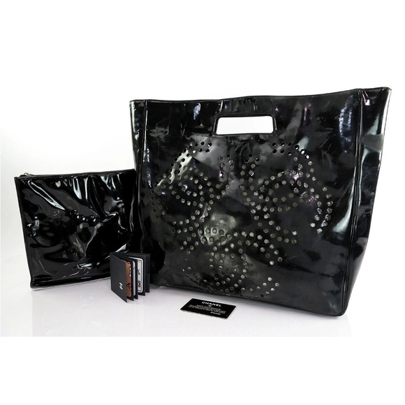 CHANEL Glossy Black Tote with Stud Accents - Picture 1 of 16